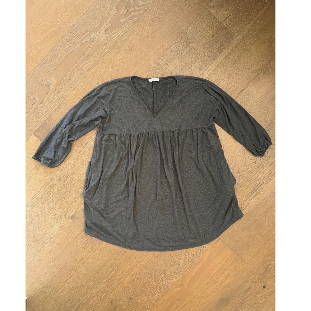 Entro Charcoal Grey Babydoll Tunic Top V-Neck 3/4 Sleeve Pockets Heathered Gray